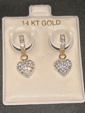 14 KT Gold Heart Drop Earrings with Pavé Crystals - Gold